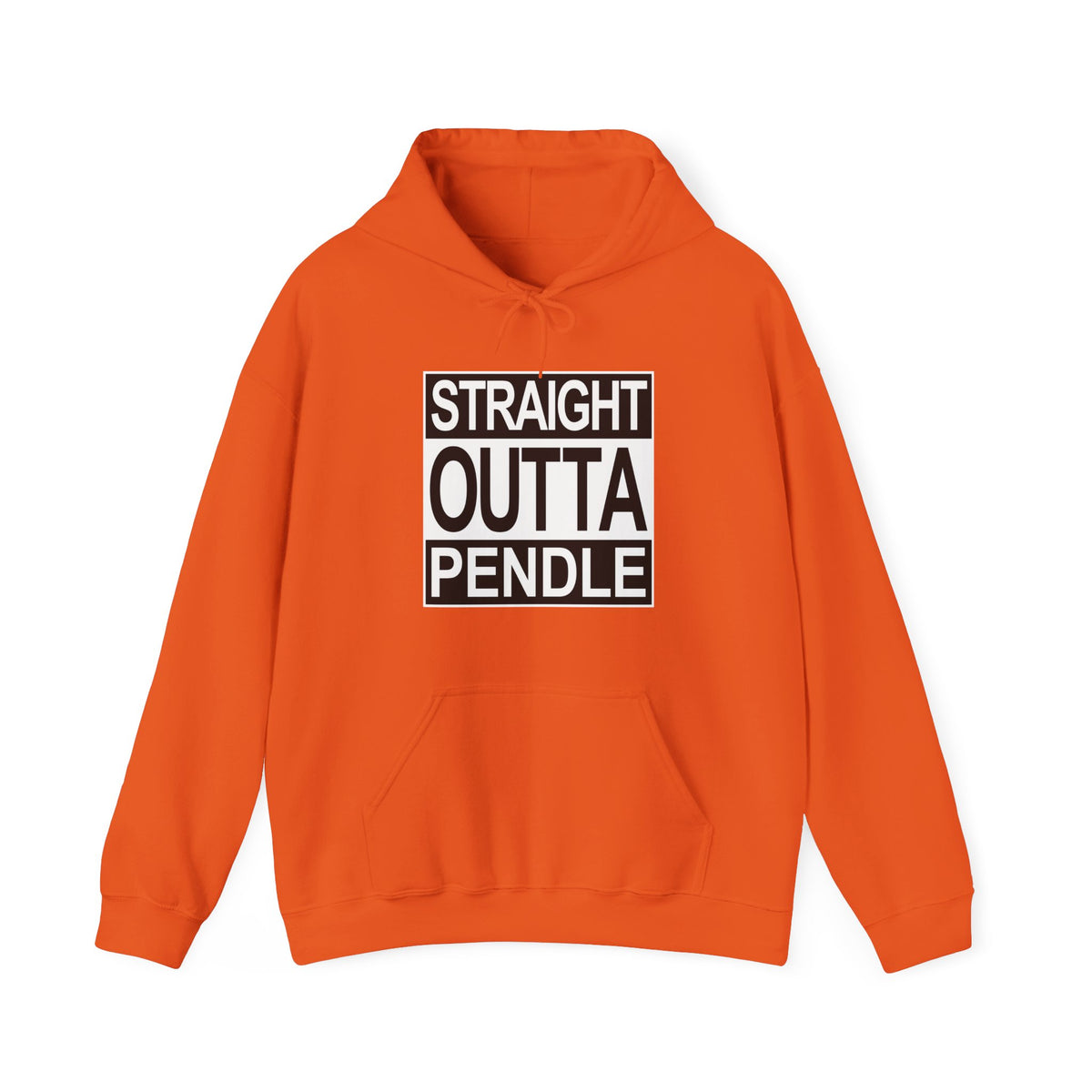 An orange pullover hoodie with a front graphic that reads 'STRAIGHT OUTTA PENDLE' in bold black and white block letters
