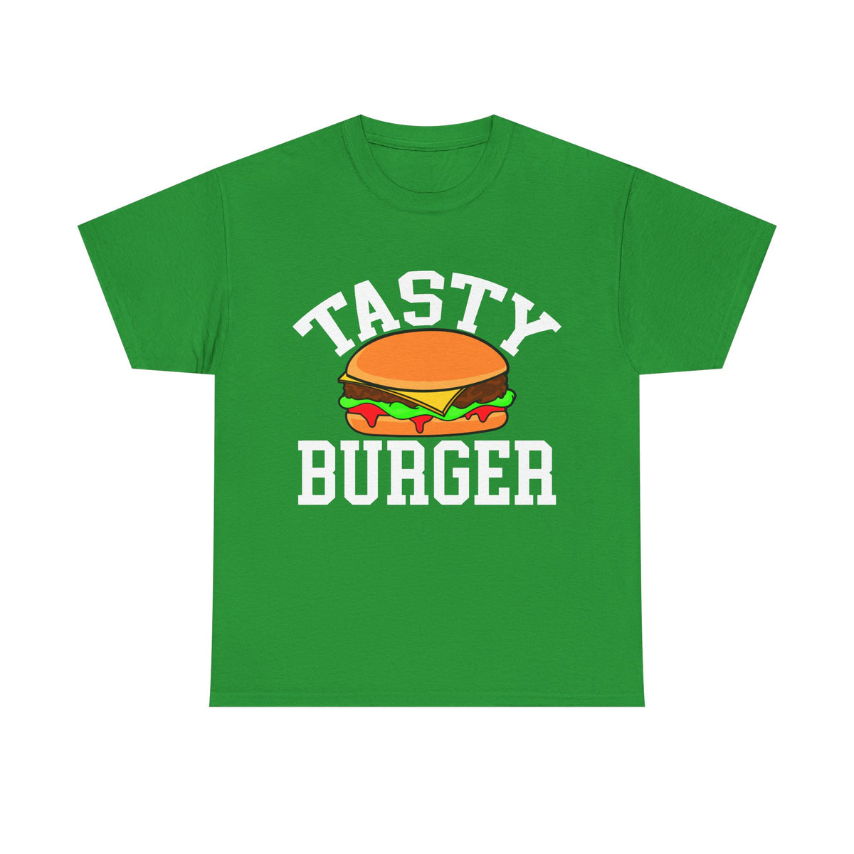 A green short-sleeve crewneck t-shirt featuring a cartoon graphic of a burger with the words 'TASTY BURGER' printed in white above and below it
