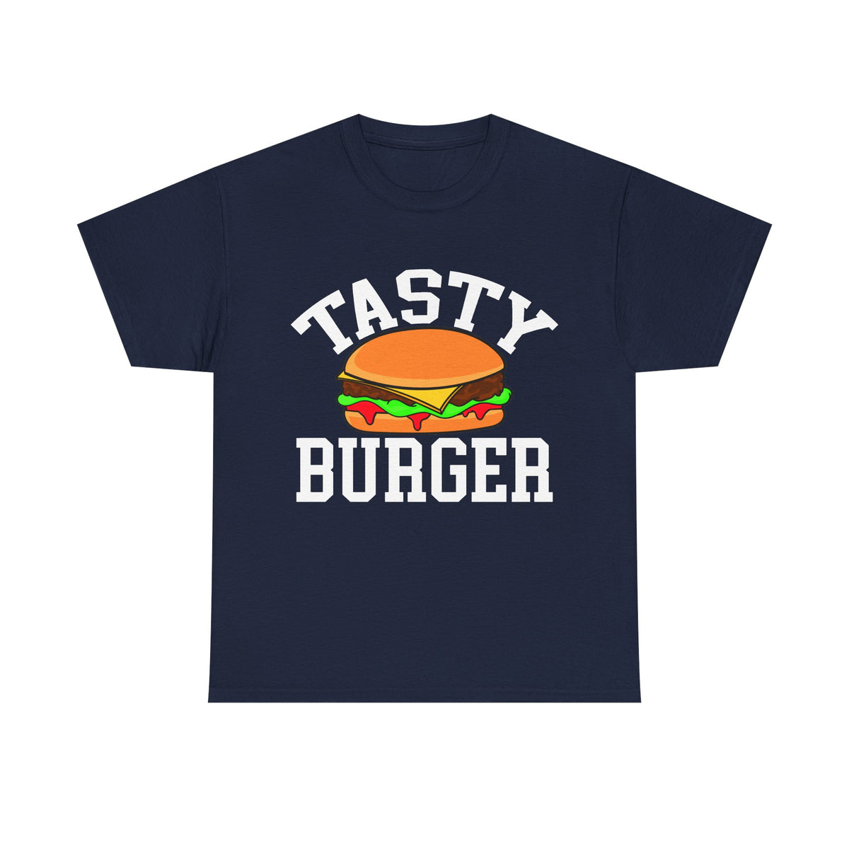 A navy blue short-sleeve t-shirt with a graphic print of a burger and the words 'TASTY BURGER' in white varsity-style lettering