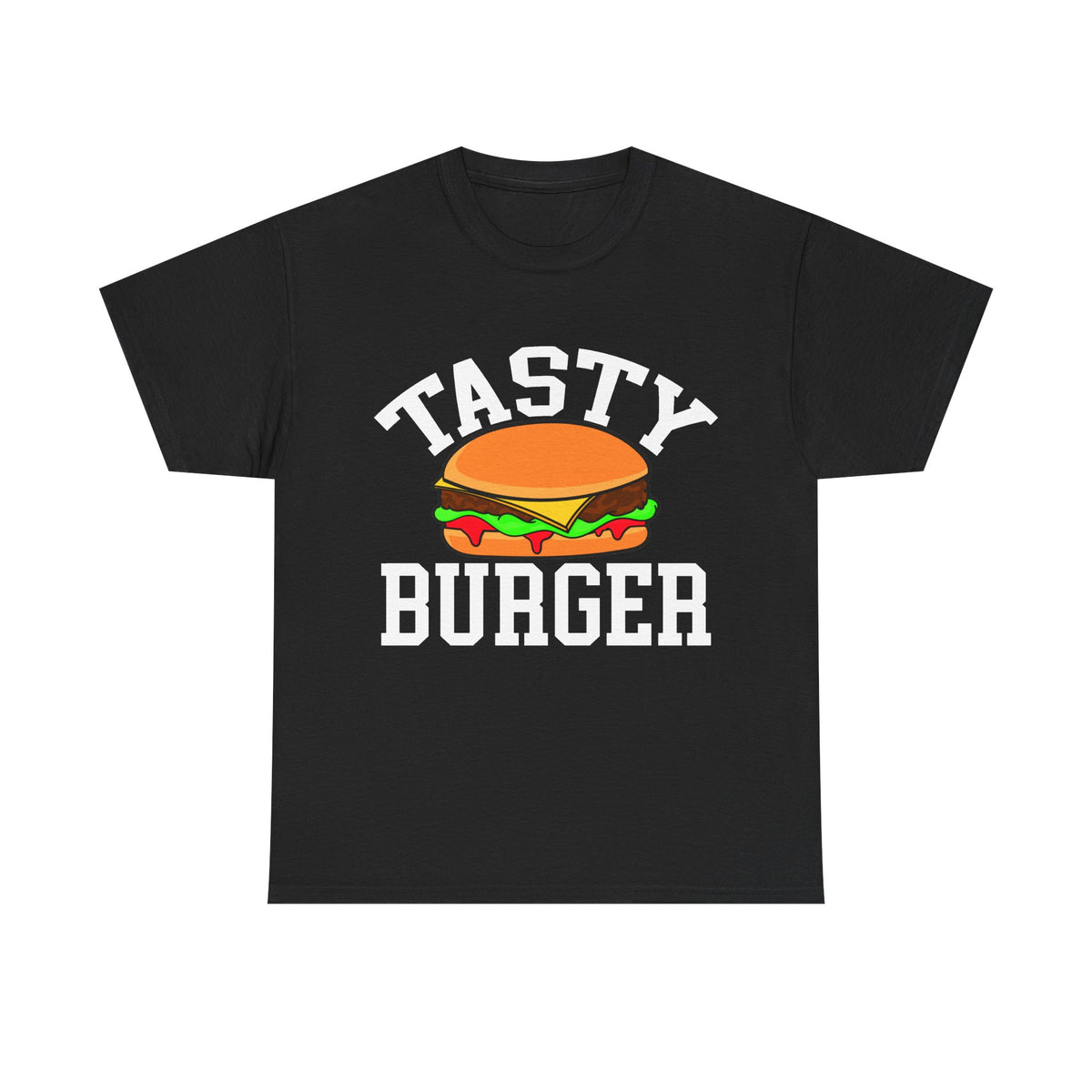 A black short-sleeve crewneck t-shirt featuring a graphic print of a cartoon burger with the words 'TASTY BURGER' in white varsity-style lettering.