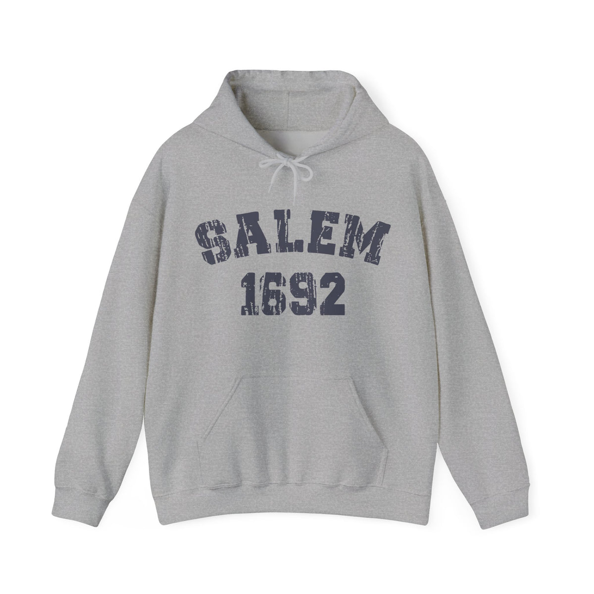 Sports grey hooded sweatshirt with vintage style text reading SALEM 1692