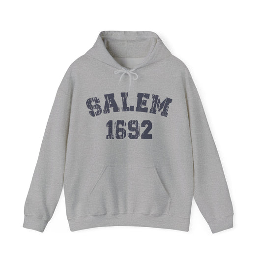 Sports grey hooded sweatshirt with vintage style text reading SALEM 1692